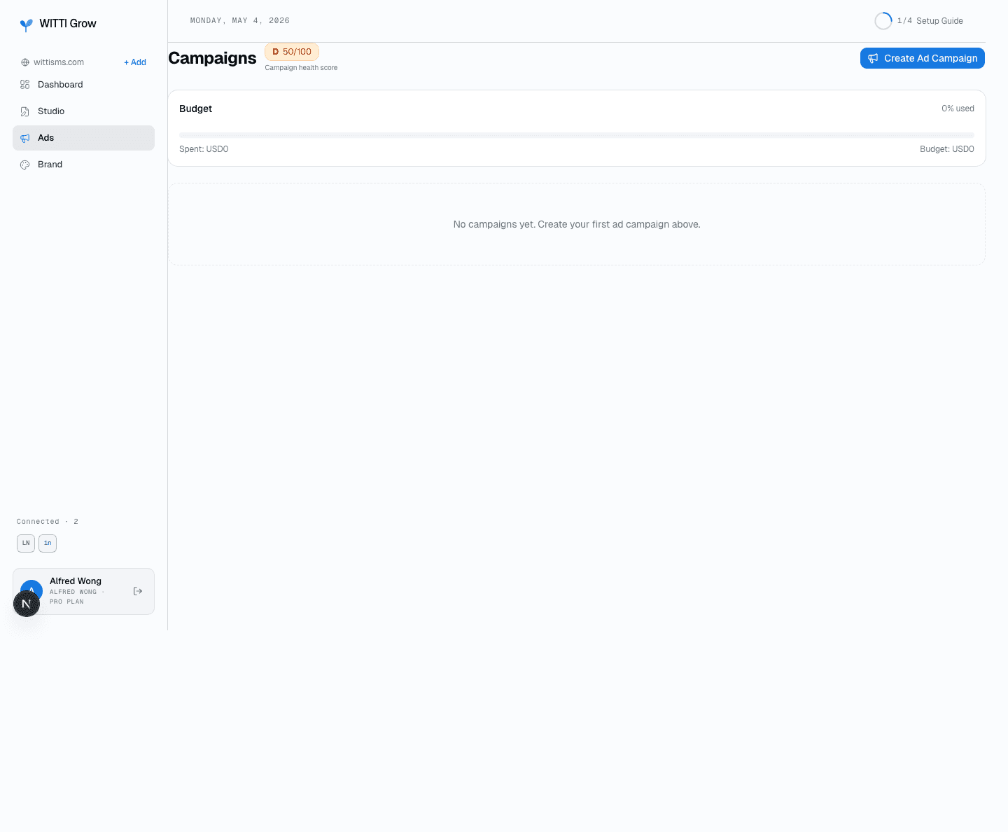 WittiGrow Ads page — entry point to the ad wizard with the audit-derived ad strategy preview