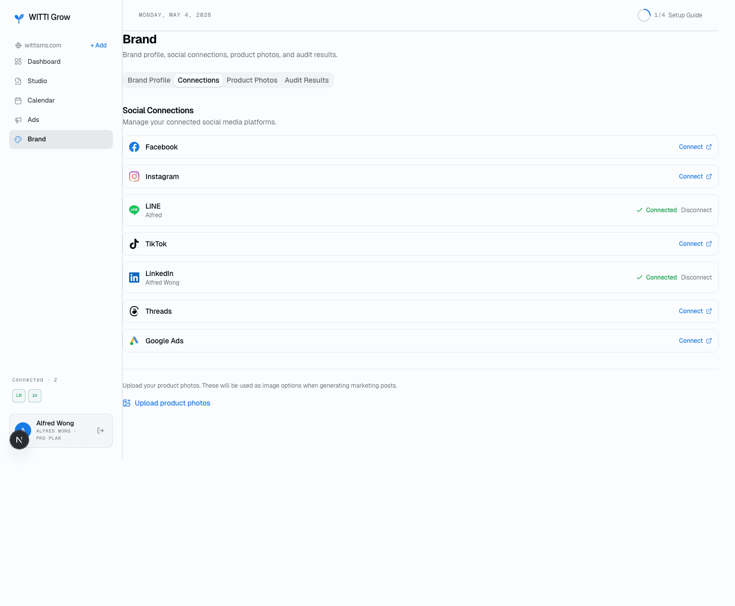 WittiGrow dashboard — platform connections, including a Google Ads Connect button